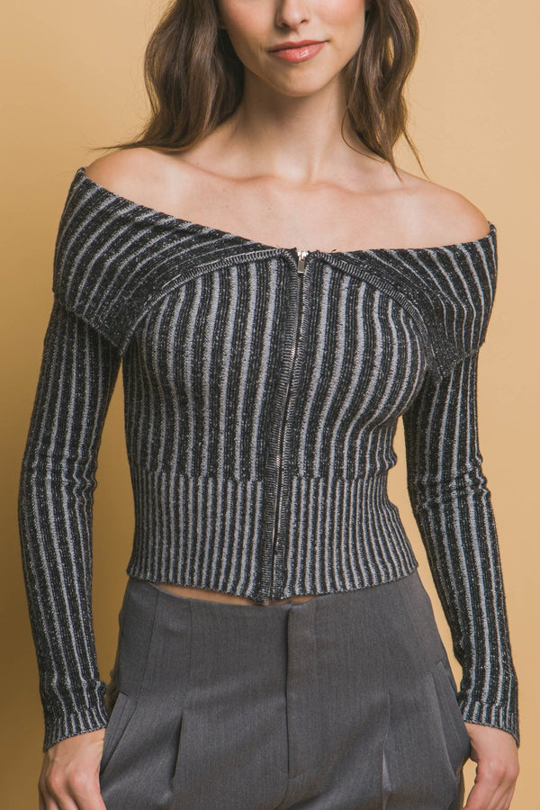 Ribbed Bardot Zip - Up Long Sleeve - Women's sweater - SmartBuyApparel