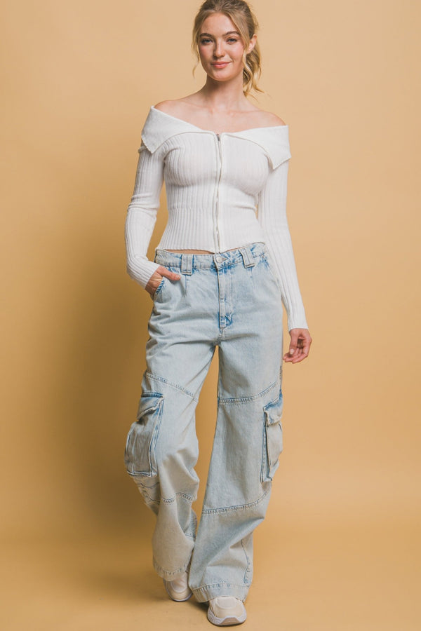 Ribbed Bardot Zip - Up Long Sleeve - Women's sweater - SmartBuyApparel
