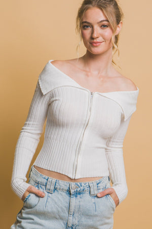 Ribbed Bardot Zip - Up Long Sleeve - Women's sweater - SmartBuyApparel