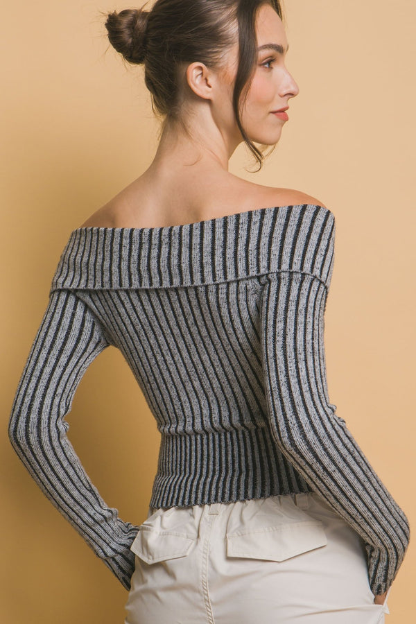 Ribbed Bardot Zip - Up Long Sleeve - Women's sweater - SmartBuyApparel