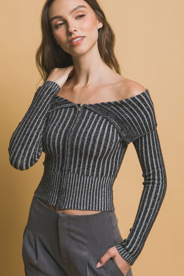 Ribbed Bardot Zip - Up Long Sleeve - Women's sweater - SmartBuyApparel