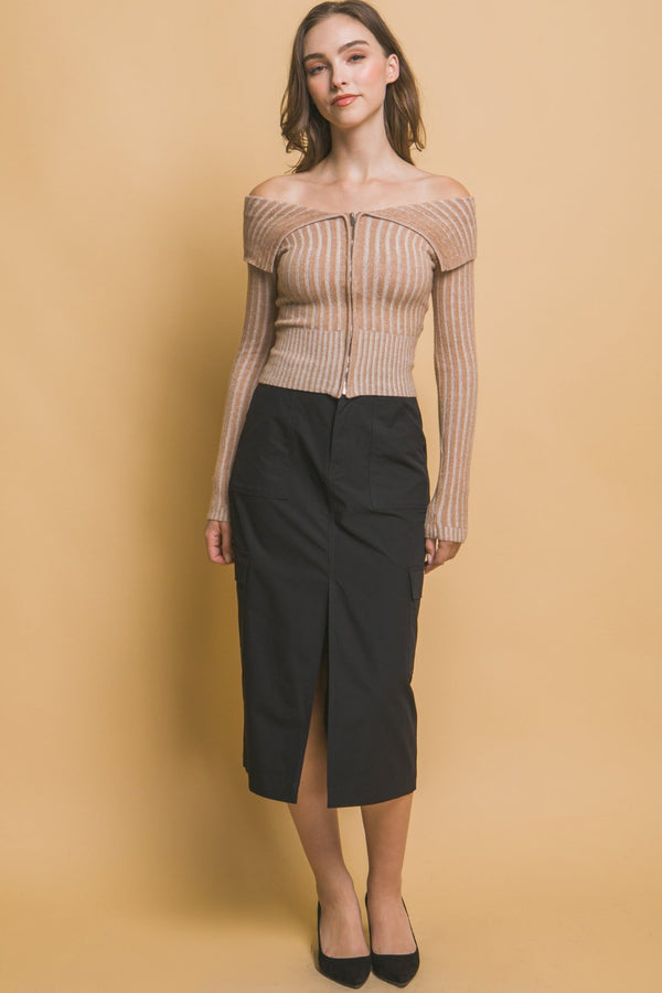 Ribbed Bardot Zip - Up Long Sleeve - Women's sweater - SmartBuyApparel