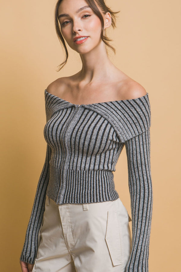Ribbed Bardot Zip - Up Long Sleeve - Women's sweater - SmartBuyApparel
