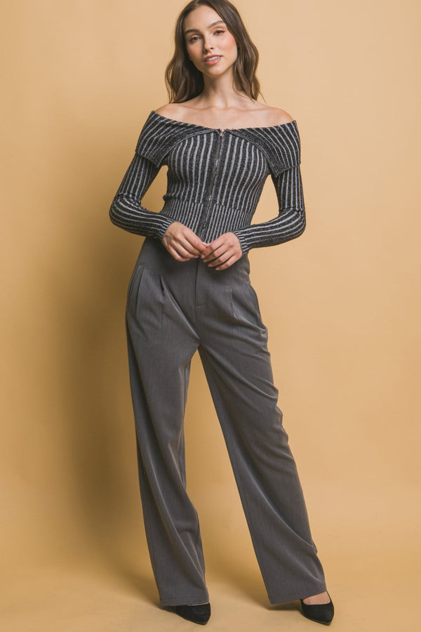 Ribbed Bardot Zip - Up Long Sleeve - Women's sweater - SmartBuyApparel