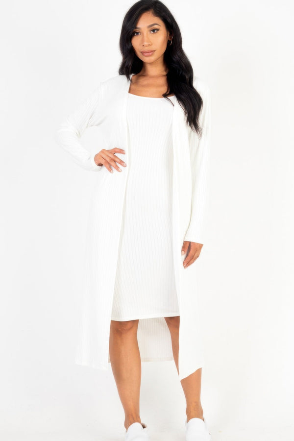 Ribbed Cardigan & Cami Midi Bodycon Dress - Dress - SmartBuyApparel