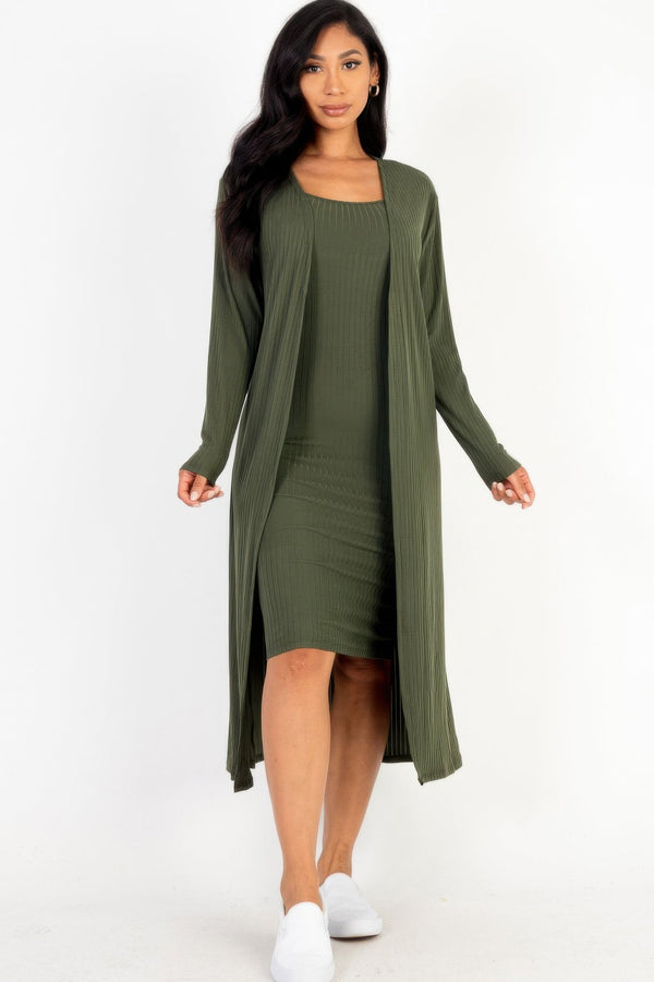 Ribbed Cardigan & Cami Midi Bodycon Dress - Dress - SmartBuyApparel