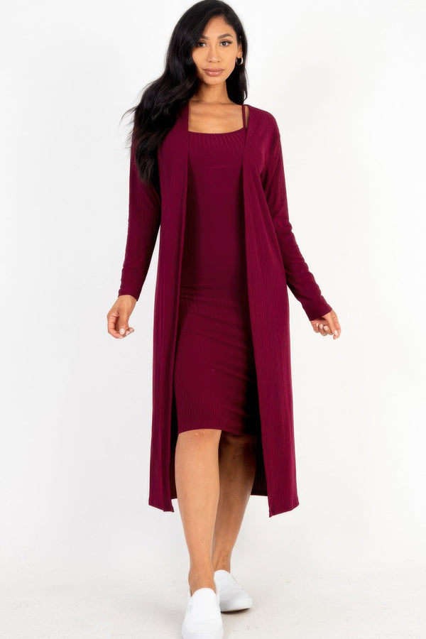 Ribbed Cardigan & Cami Midi Bodycon Dress - Dress - SmartBuyApparel