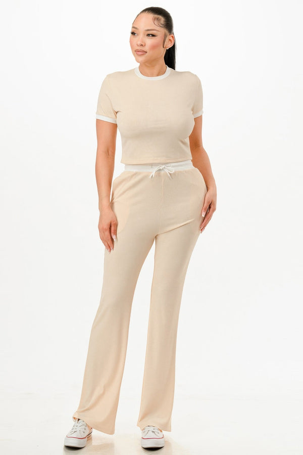 Ribbed Contrast Binding Top And Pants Set - Set - SmartBuyApparel