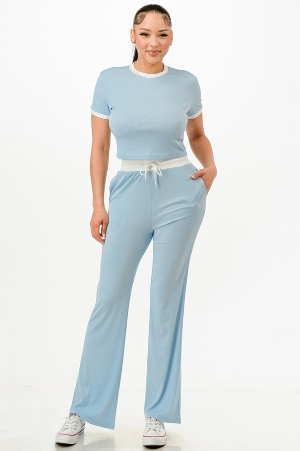 Ribbed Contrast Binding Top And Pants Set - Set - SmartBuyApparel