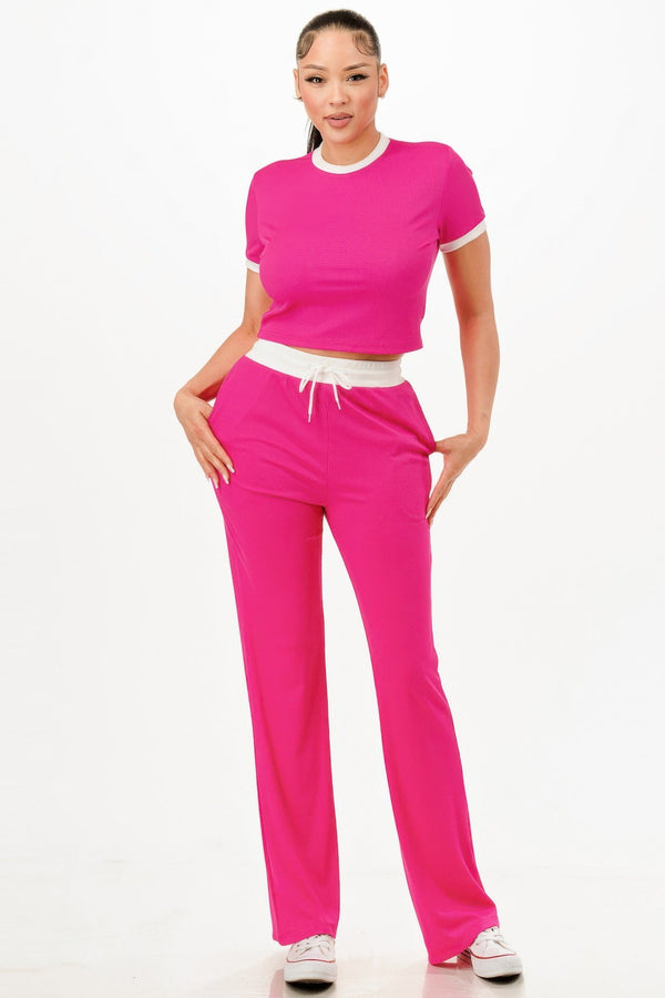 Ribbed Contrast Binding Top And Pants Set - Set - SmartBuyApparel