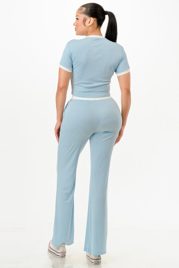 Ribbed Contrast Binding Top And Pants Set - Set - SmartBuyApparel