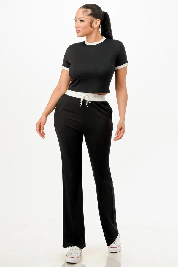 Ribbed Contrast Binding Top And Pants Set - Set - SmartBuyApparel