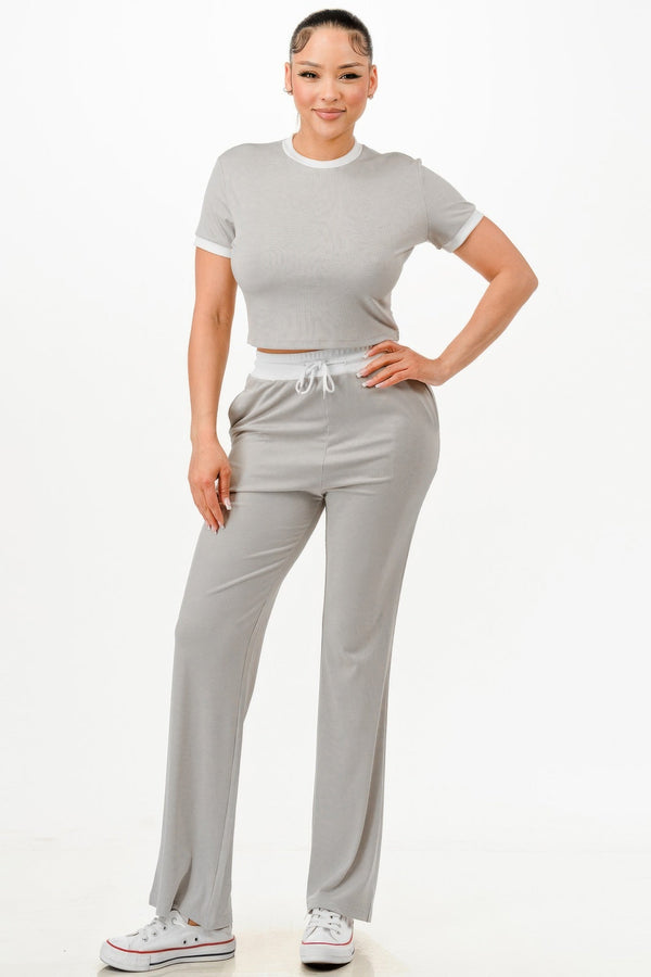 Ribbed Contrast Binding Top And Pants Set - Set - SmartBuyApparel