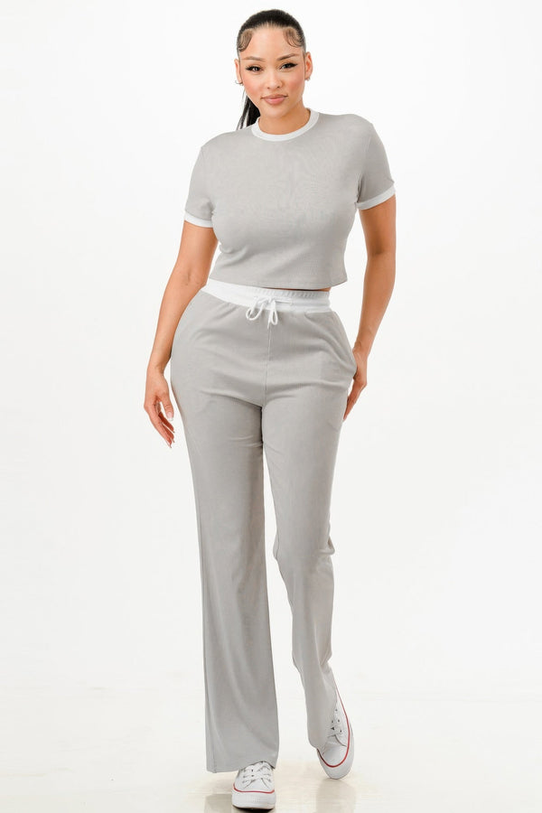 Ribbed Contrast Binding Top And Pants Set - Set - SmartBuyApparel