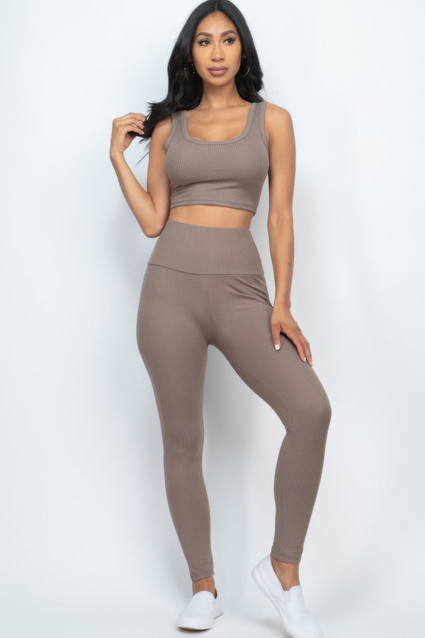 Ribbed Crop Top & Leggings Set - Women's set - SmartBuyApparel