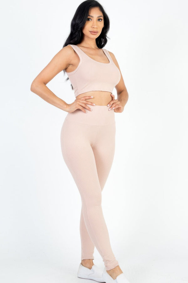 Ribbed Crop Top & Leggings Set - Women's set - SmartBuyApparel