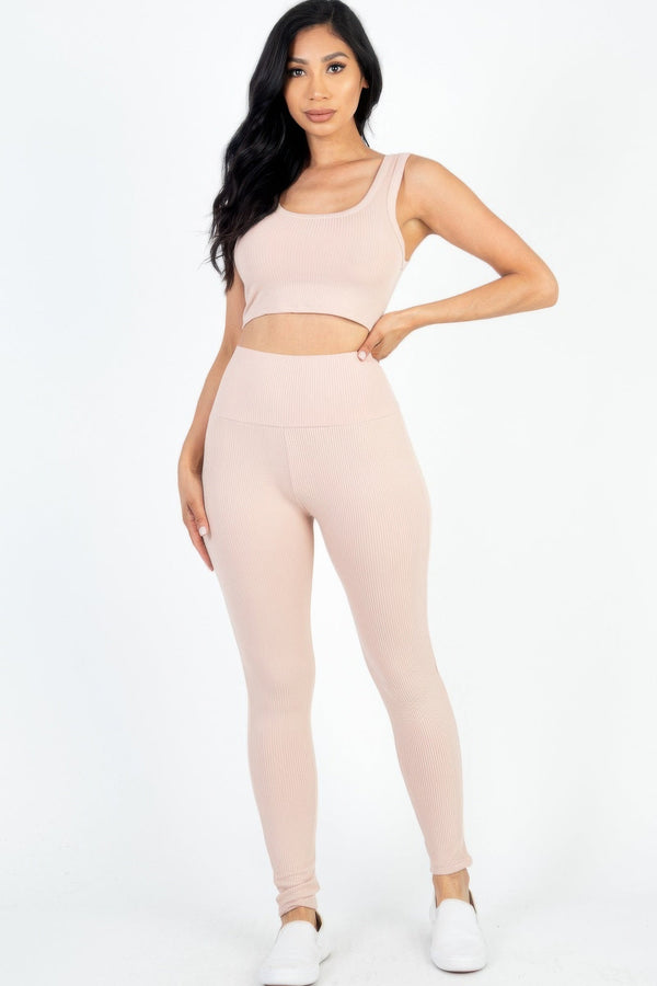 Ribbed Crop Top & Leggings Set - Women's set - SmartBuyApparel