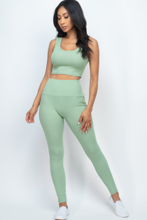 Ribbed Crop Top & Leggings Set - Women's set - SmartBuyApparel