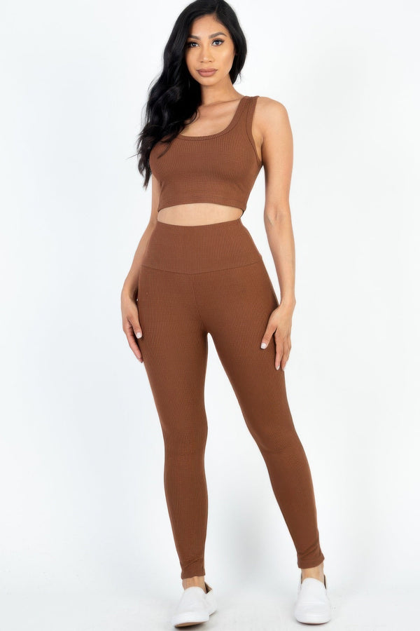 Ribbed Crop Top & Leggings Set - Women's set - SmartBuyApparel