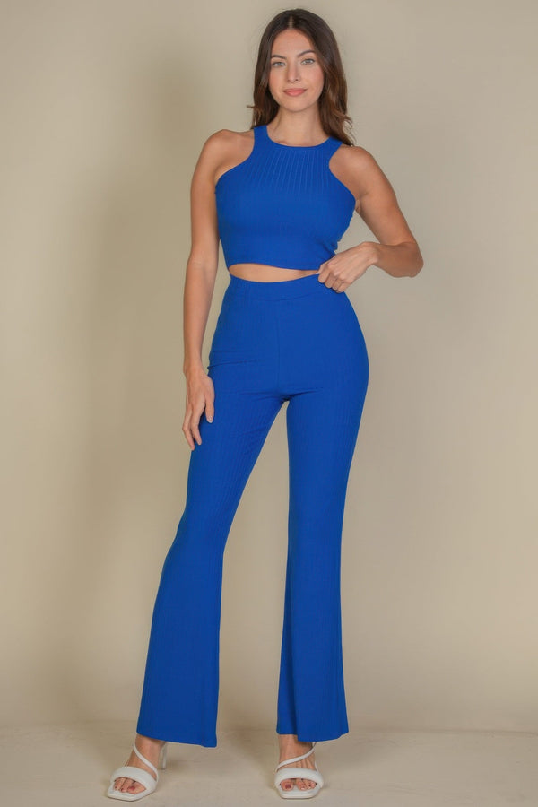 Ribbed Cropped Top And Bootcut Pants Sets - Set - SmartBuyApparel