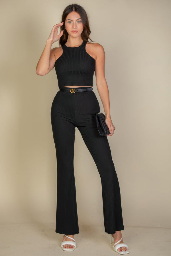 Ribbed Cropped Top And Bootcut Pants Sets - Set - SmartBuyApparel