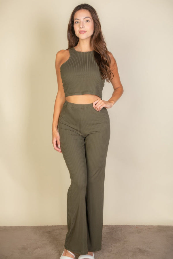 Ribbed Cropped Top And Bootcut Pants Sets - Set - SmartBuyApparel