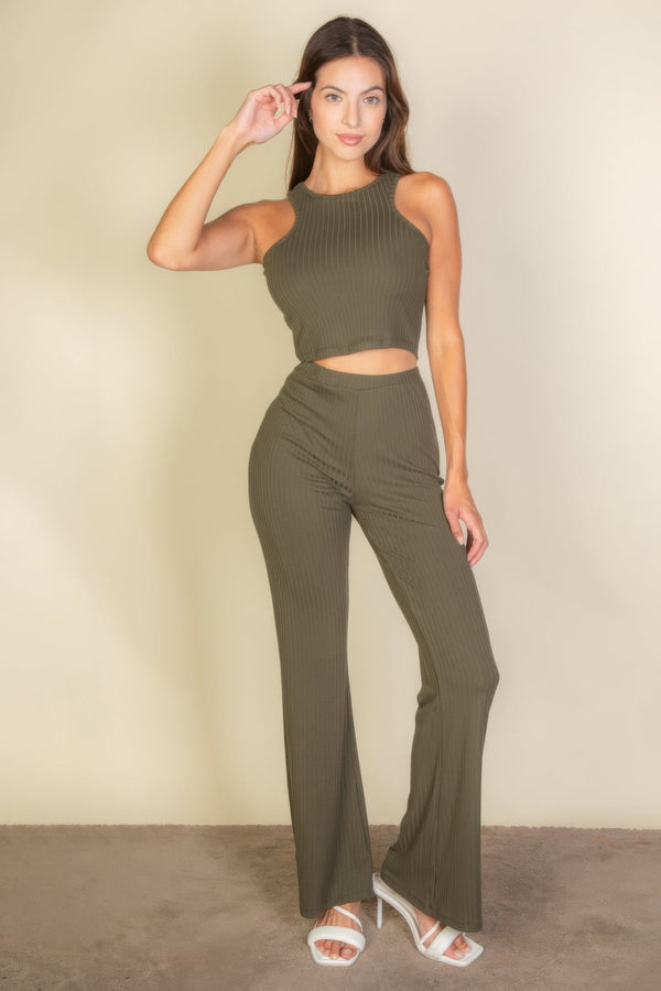 Ribbed Cropped Top And Bootcut Pants Sets - Set - SmartBuyApparel