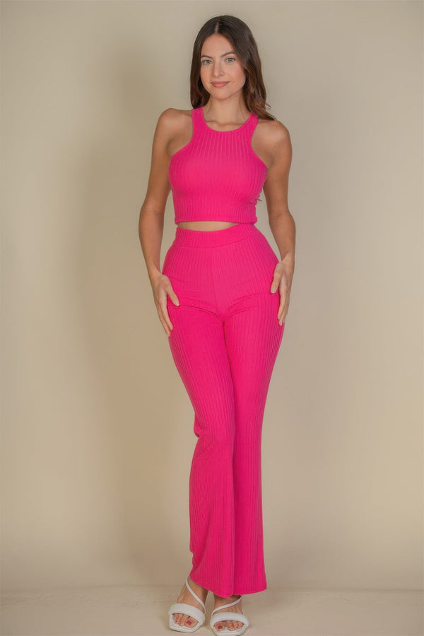 Ribbed Cropped Top And Bootcut Pants Sets - Set - SmartBuyApparel