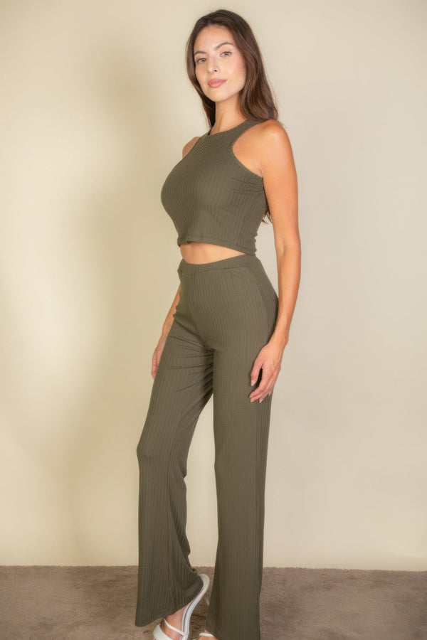 Ribbed Cropped Top And Bootcut Pants Sets - Set - SmartBuyApparel