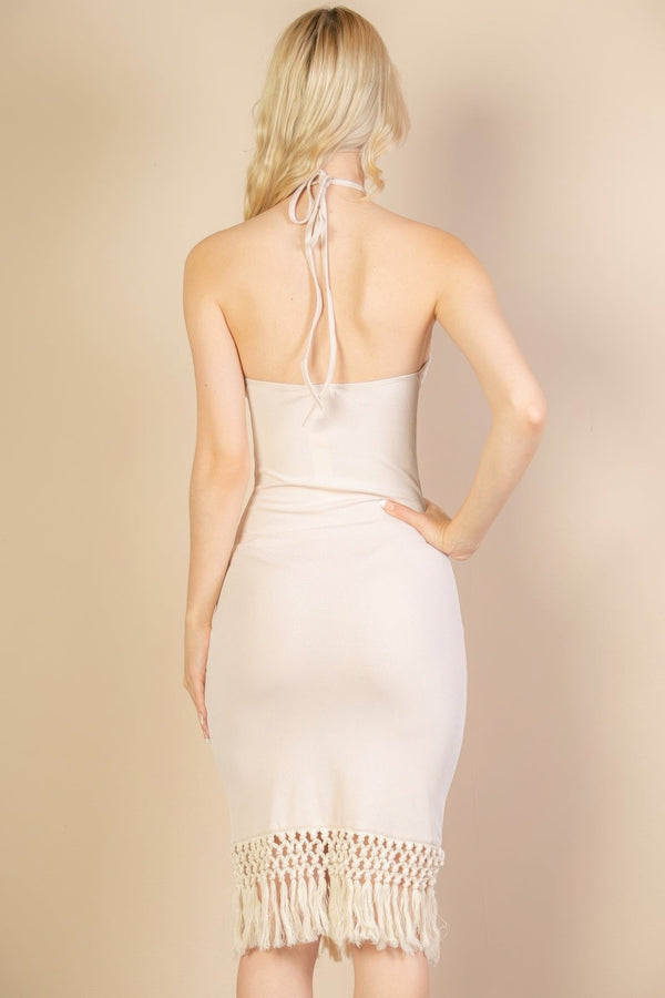 Ribbed Halter Neck Fringe Midi Dress - Dress - SmartBuyApparel