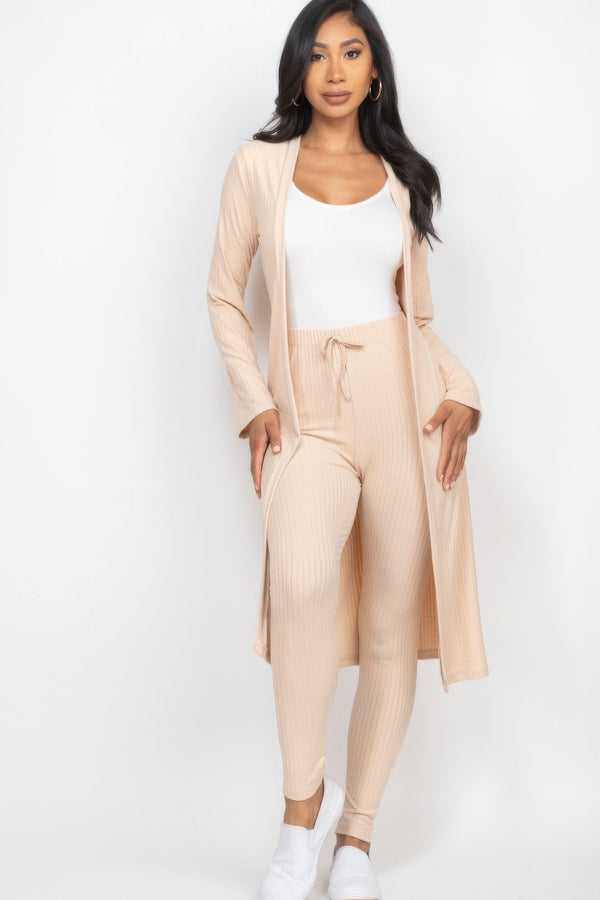 Ribbed Long Cardigan & Leggings Set - Women's set - SmartBuyApparel