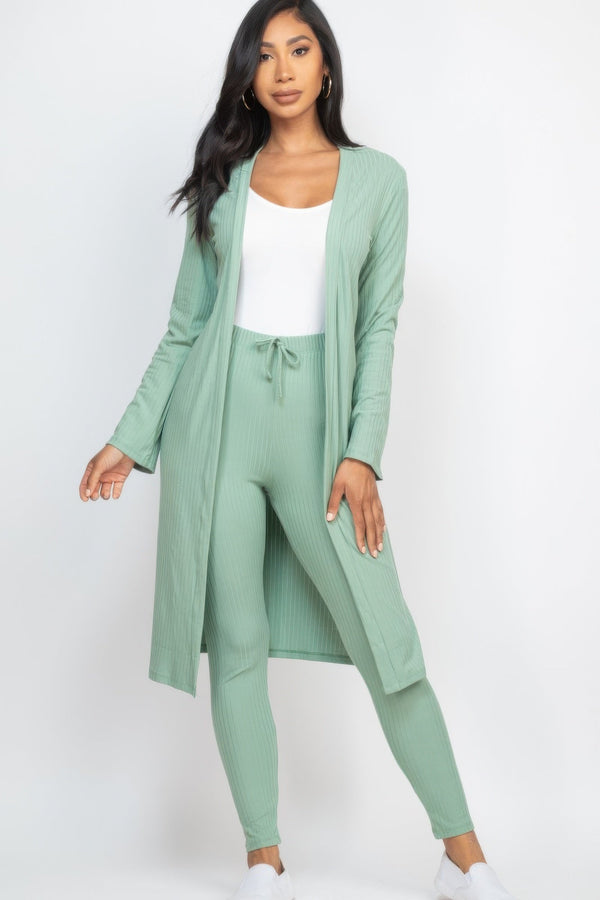 Ribbed Long Cardigan & Leggings Set - Women's set - SmartBuyApparel