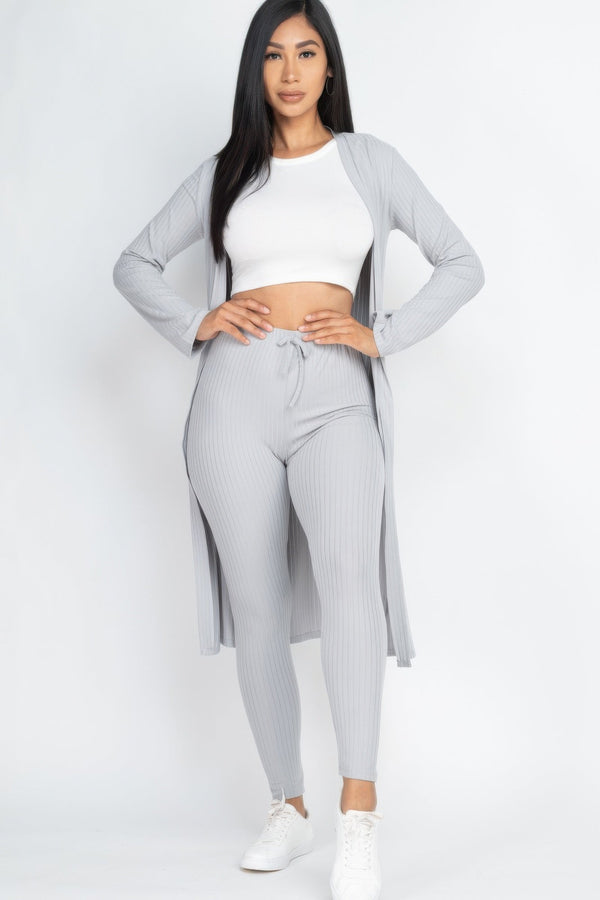 Ribbed Long Cardigan & Leggings Set - Women's set - SmartBuyApparel