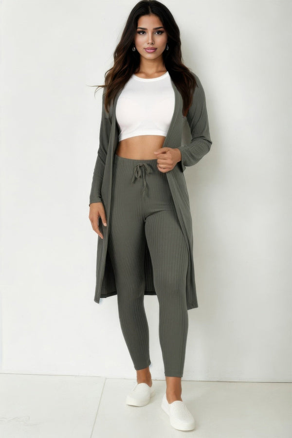 Ribbed Long Cardigan & Leggings Set - Women's set - SmartBuyApparel