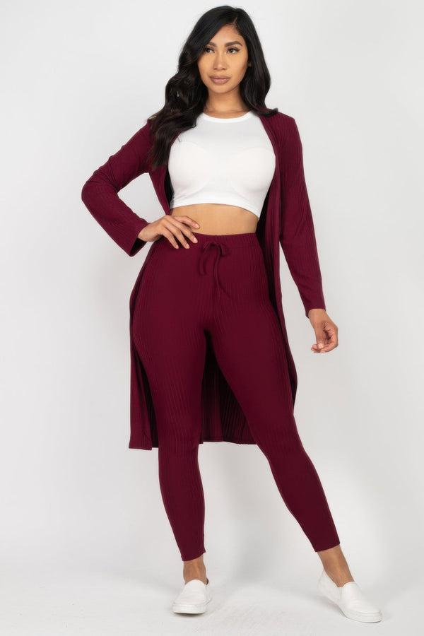 Ribbed Long Cardigan & Leggings Set - Women's set - SmartBuyApparel