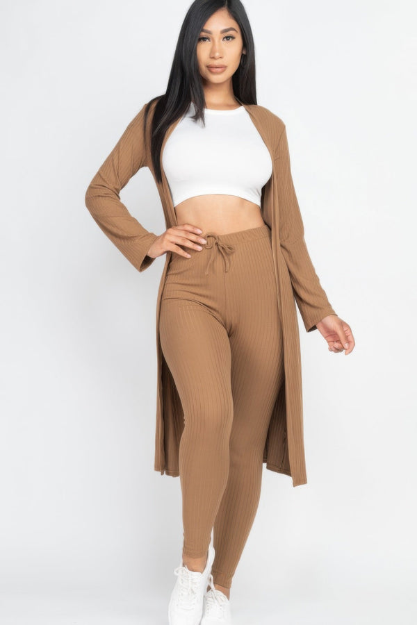Ribbed Long Cardigan & Leggings Set - Women's set - SmartBuyApparel