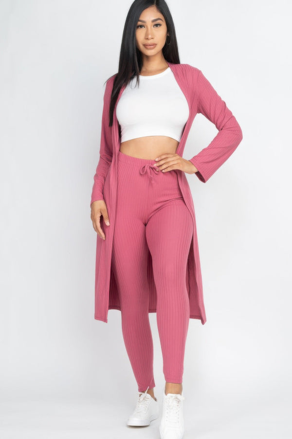 Ribbed Long Cardigan & Leggings Set - Women's set - SmartBuyApparel