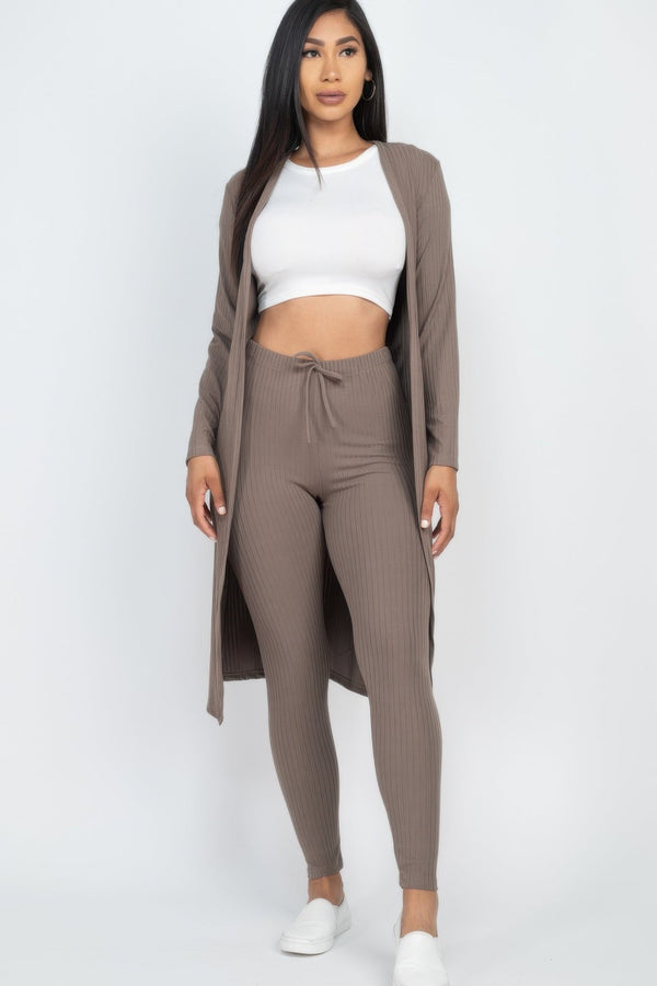 Ribbed Long Cardigan & Leggings Set - Women's set - SmartBuyApparel