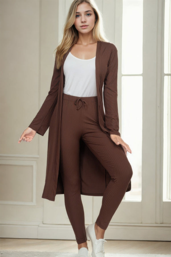 Ribbed Long Cardigan & Leggings Set - Women's set - SmartBuyApparel