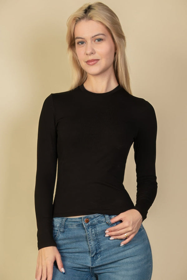 Ribbed Round Neck Long Sleeve Top - Women's top - SmartBuyApparel