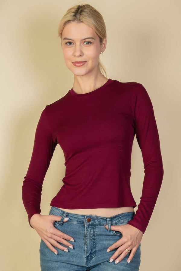 Ribbed Round Neck Long Sleeve Top - Women's top - SmartBuyApparel