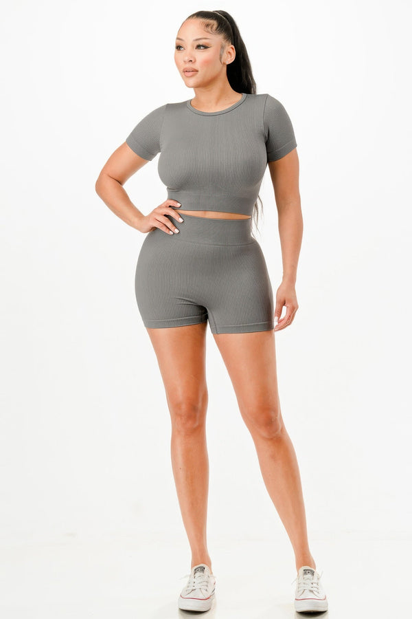 Ribbed Seamless T-shirt And Bike Shorts Set - | SmartBuyApparel