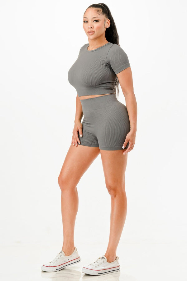 Ribbed Seamless T-shirt And Bike Shorts Set - | SmartBuyApparel