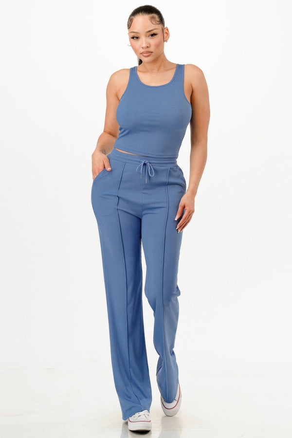 Ribbed Tank Top And Pant Set - | SmartBuyApparel