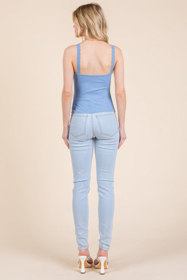 Ribbed V - neck Lace Trim With Strap Tank Top - | SmartBuyApparel