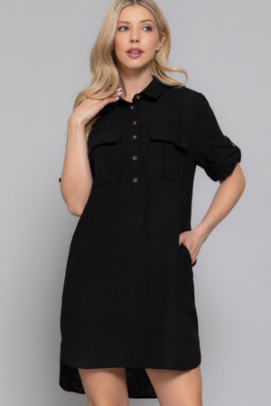 Roll Up Short Slv Straight Linen Effect Mini Dress - Dress - SmartBuyApparel