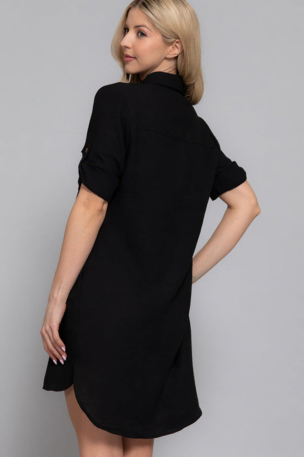 Roll Up Short Slv Straight Linen Effect Mini Dress - Dress - SmartBuyApparel