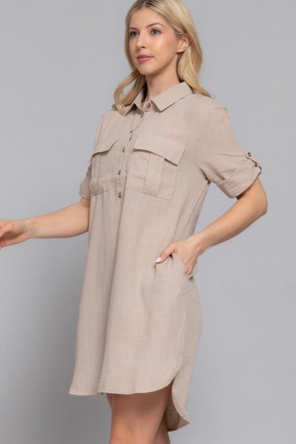 Roll Up Short Slv Straight Linen Effect Mini Dress - Dress - SmartBuyApparel