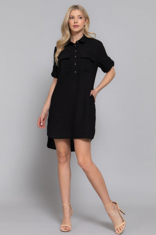Roll Up Short Slv Straight Linen Effect Mini Dress - Dress - SmartBuyApparel