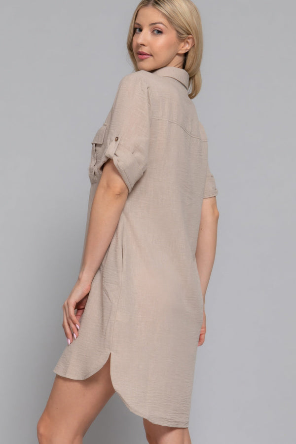 Roll Up Short Slv Straight Linen Effect Mini Dress - Dress - SmartBuyApparel